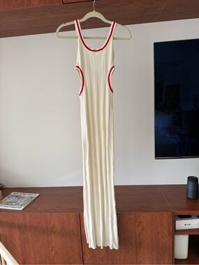 SOLID & STRIPED Cream Ribbed Maxi Dress with Red Trim